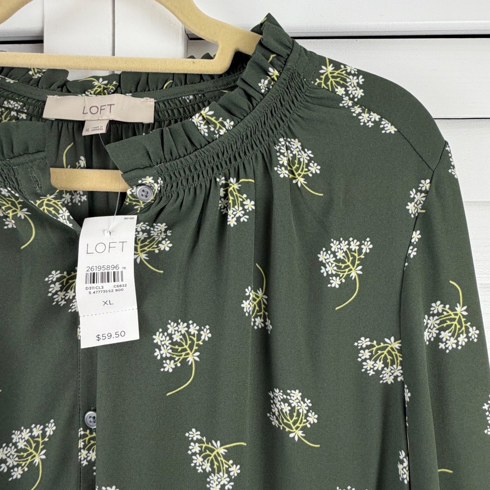 LOFT Blouse XL Green Floral Smocked Ruffle Neck Long Sleeve NEW - Picture 7 of 15